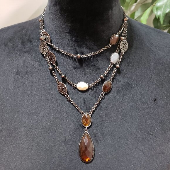 Women Fashion Triple Strand Multi Color Gemstone Beaded Statement Charm Necklace - Picture 1 of 7